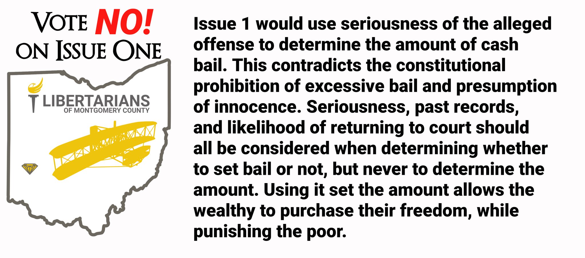 Issue 1 would use seriousness of the alleged offense to determine the amount of cash bail. This contradicts the constitutional prohibition of excessive bail and presumption of innocence. Seriousness, past records, and likelihood of returning to court should all be considered when determining whether to set bail or not, but never to determine the amount. Using it set the amount allows the wealthy to purchase their freedom, while punishing the poor. We recommend voting No on Issue 1.